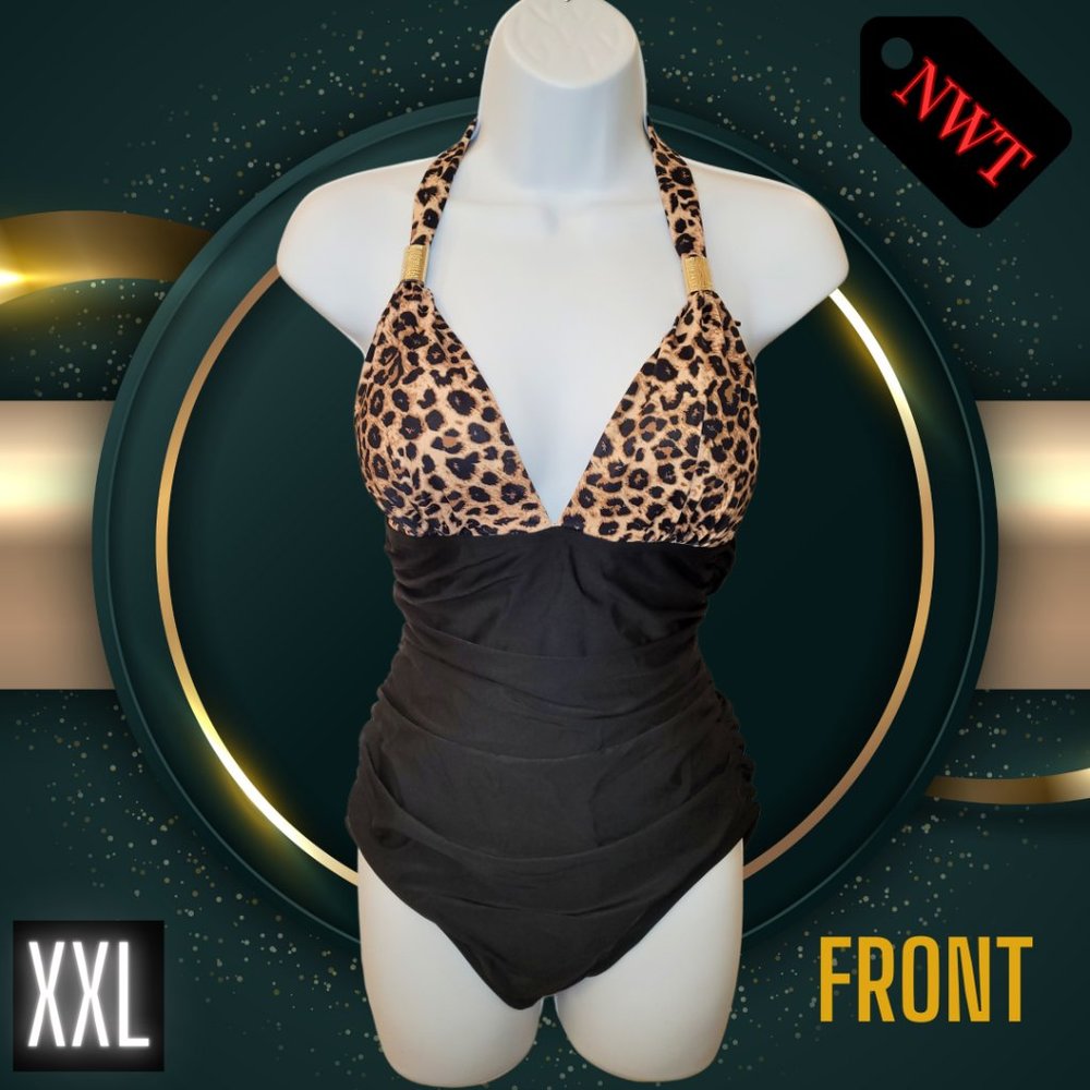 Black Leopard Print One Piece Swimsuit with Tie Neck and Gold Accents XXL NWT
